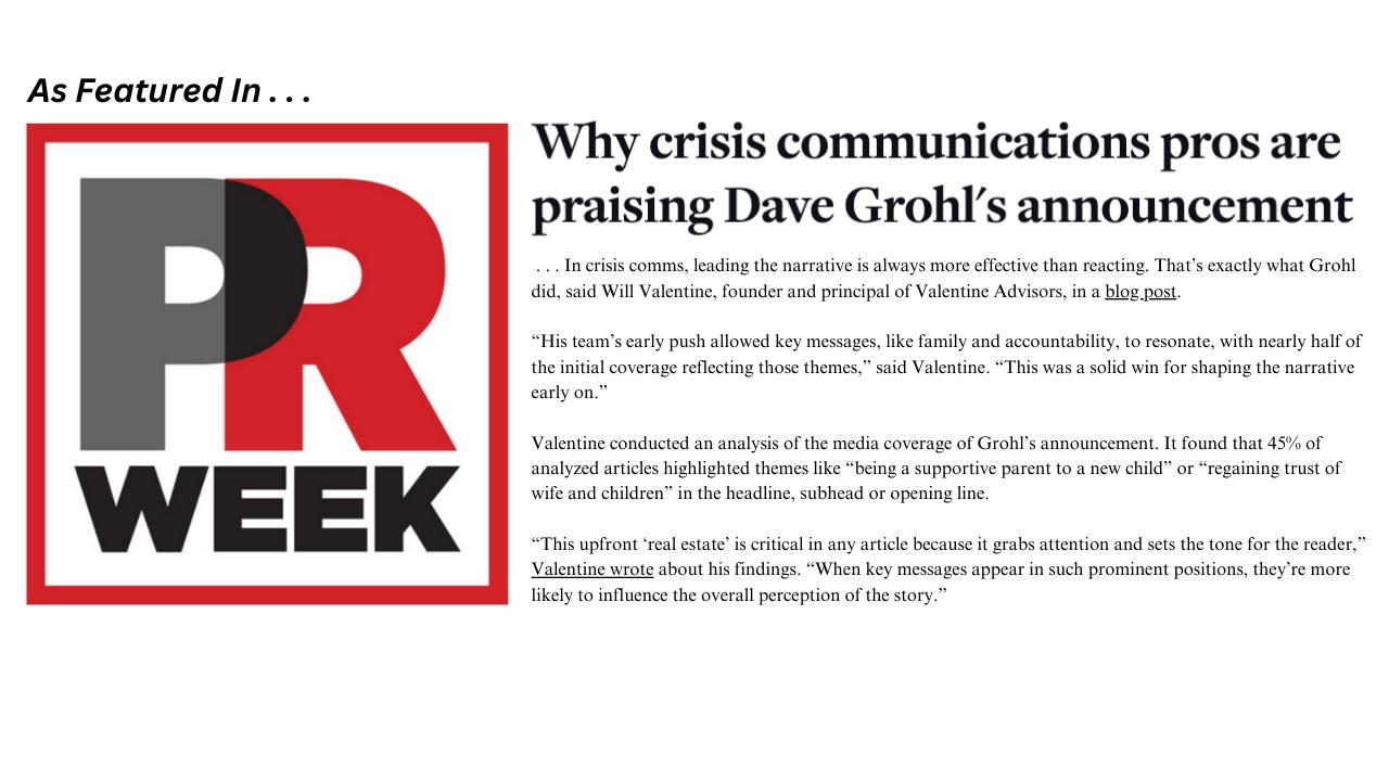 PRWeek: Why crisis communications pros are praising Dave Grohl’s announcement